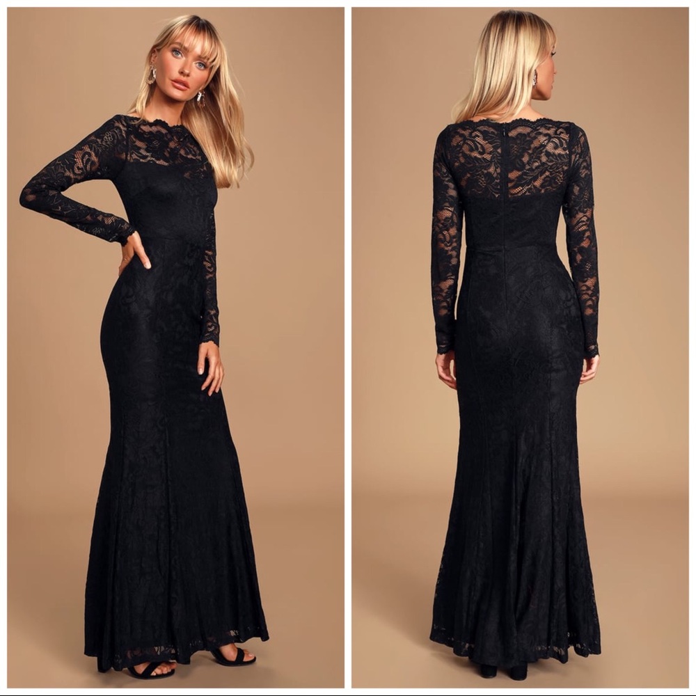 LuLus Farida Black Lace Long Sleeve Maxi Dress